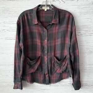 CLOTH & STONE Plaid Cropped Boxy Oversized Raw Hem Button Down Shirt S Grunge